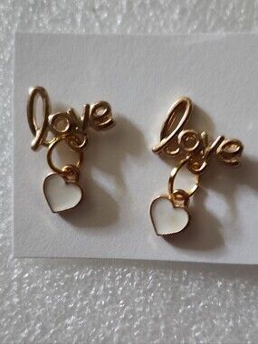 Hand Crafted Gold 'Love' Dangle Earrings with White Hearts